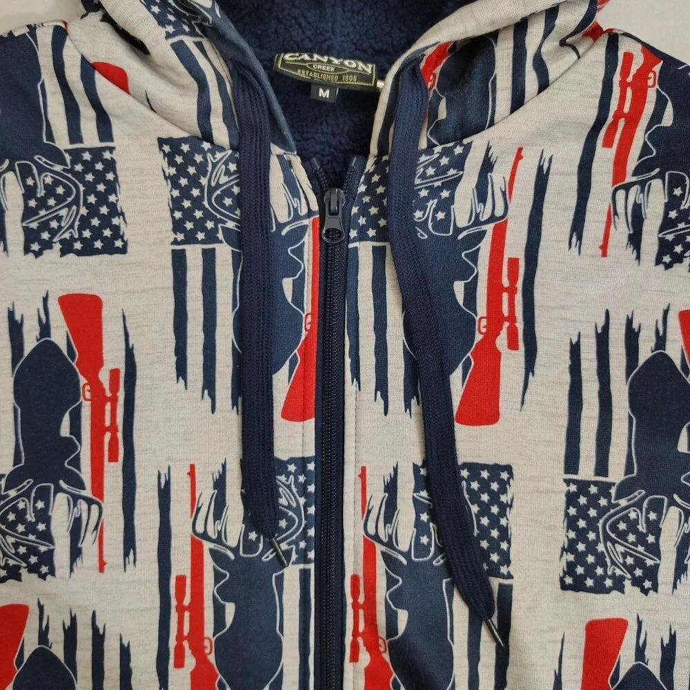 Canyon Creek Hooded Sweatshirt Sz Medium Deer Huning American Flag Sherpa Lining - Picture 14 of 16